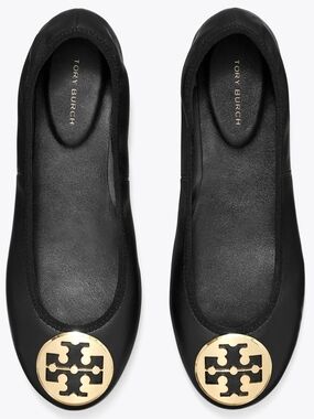 Tory Burch Black Reva Ballet Flats with Gold Logo Size 7.5